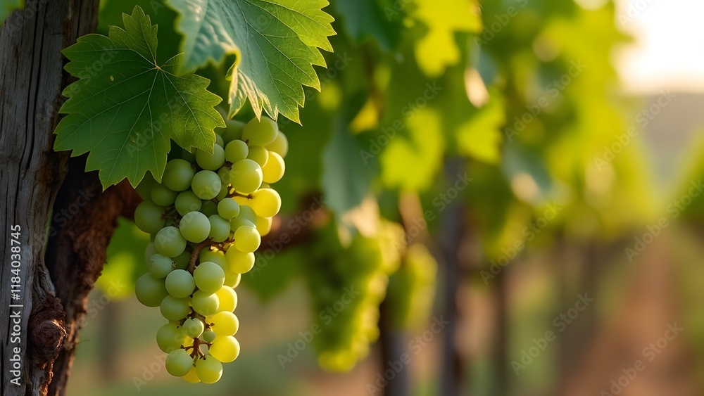 Macro Photography of Verdant Grape Cluster at Dawn, Sunlit Vineyard Vine with Lush Green Leaves and Intricate Textures Macro Photography of Verdant Grape Cluster at Dawn, Sunlit Vineyard Vine with Lush Green Leaves and Intricate Textures