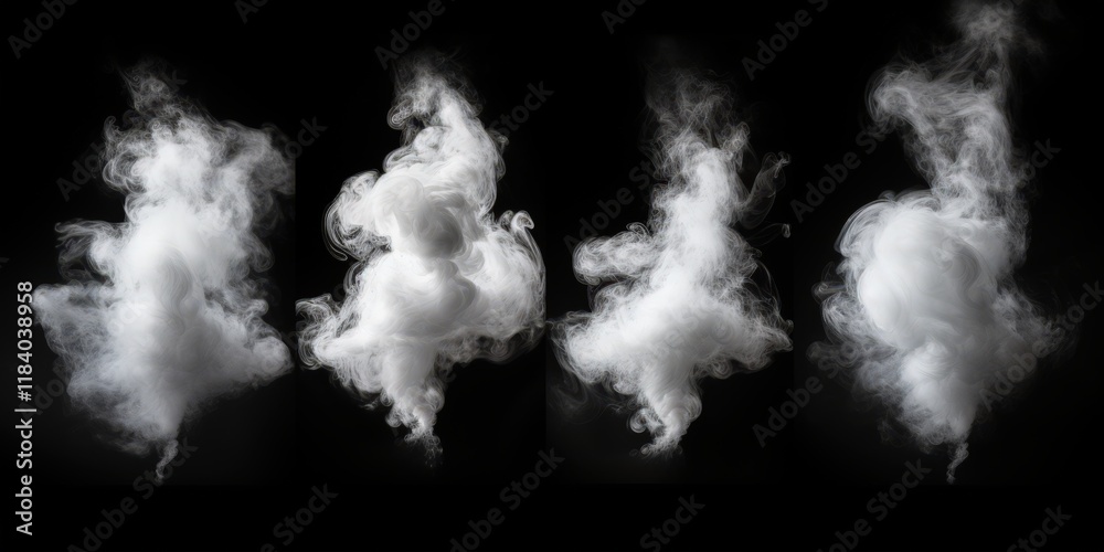 Obraz premium Set of Isolated White Steam Forms on Black Background Captured in High Detail with Gigapixel Technology for Creative Use