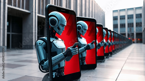 Humanoid AI robot interacting with phones to spread news, recursion photo