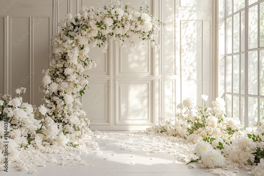 Fototapeta premium White Floral Archway Decorates Elegant Room with Petals, Creating a Romantic and Serene Atmosphere for Events or Photoshoots.