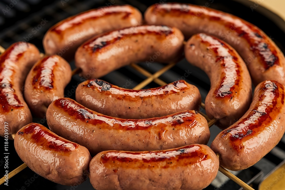 A close-up view of several grilled sausages with a golden-brown crust A close-up view of several grilled sausages with a golden-brown crust