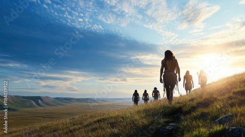 Early human migration across a landscape during the Ice Age.