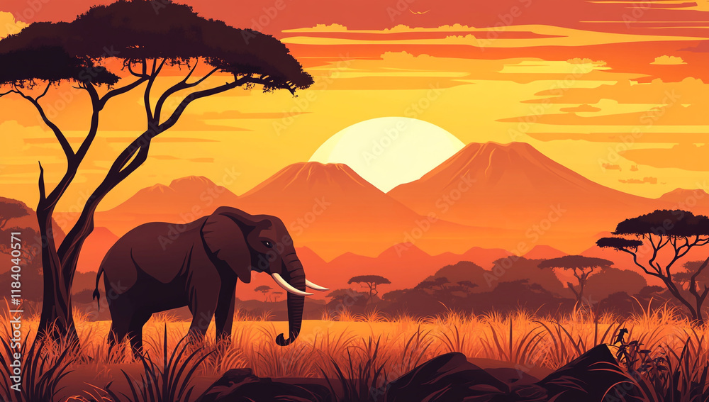 Fototapeta premium artistic illustration of elephant in savanna landscape at sunset