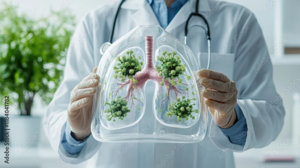 A doctor holds a model of a lung with green plants growing out of it A doctor holds a model of a lung with green plants growing out of it