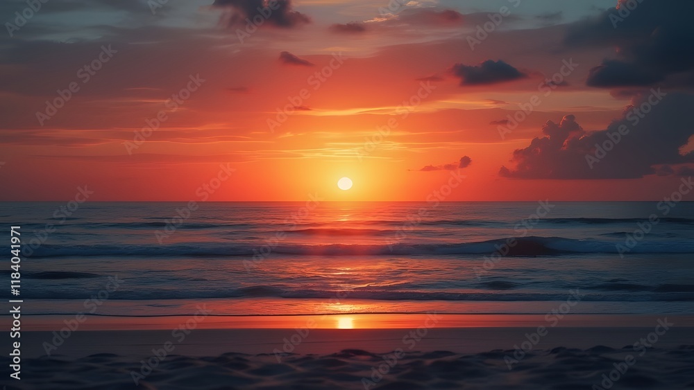 Fototapeta premium Stunning Vibrant Sunset over Tranquil Black Sand Beach, Minimalist Ocean Scene