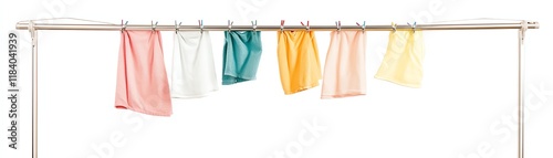 Colorful towels hanging on a rack against a white background.