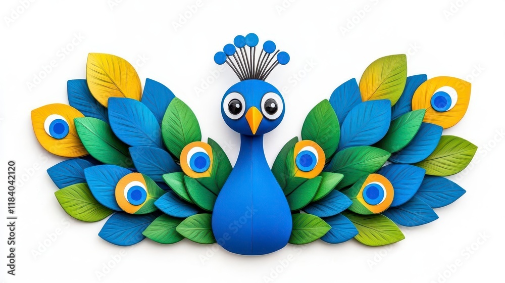 Obraz premium A photostock of a colorful peacock standing gracefully with its feathers spread wide, isolated on a white background, symbolizing beauty and pride. High Quality