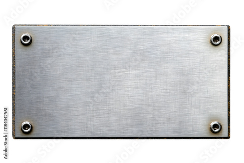 Distressed stainless steel plaque with a brush silver metal texture and screws, png file cut out and isolated on a transparent background, signage stock photo image