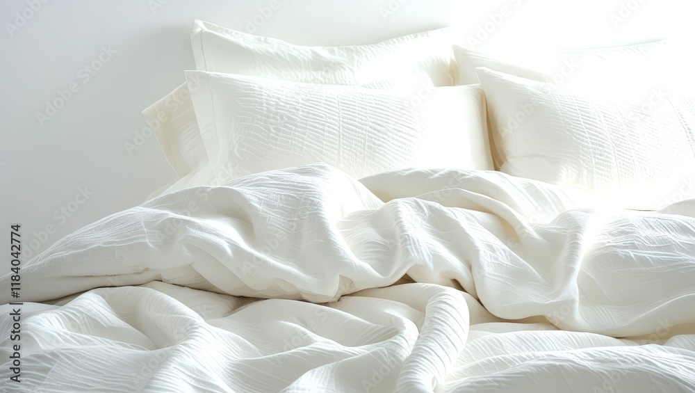 A soft, white bed adorned with fluffy pillows and a cozy quilt creates a serene sleeping space, inviting relaxation and tranquility in a bright and airy atmosphere. A soft, white bed adorned with fluffy pillows and a cozy quilt creates a serene sleeping space, inviting relaxation and tranquility in a bright and airy atmosphere.