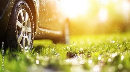 Wet car tire, grass, sunlight, spring, outdoor, wash, clean, detail, advertising, auto