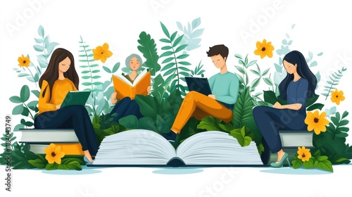 Students studying outdoors, reading books & tablets amidst lush foliage