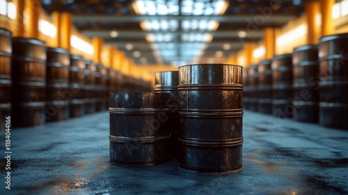 3D-rendered industrial oil barrels in a storage facility.  photo