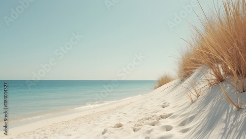 Serene Minimalist Beach Scene, Golden Hour Coastal Landscape, Soft White Sand, Calm Blue Ocean, Travel Inspiration