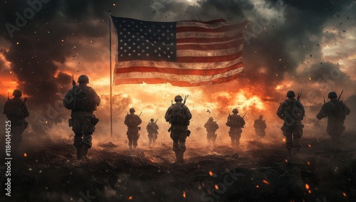 American Soldiers Holding Up American Flag in War
