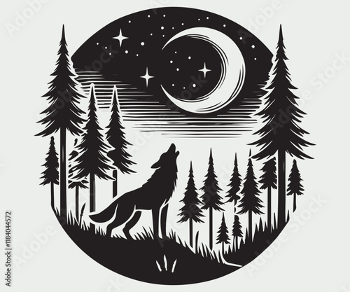 monochrome illustration of a serene forest night scene featuring a wolf howling at the crescent moon