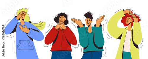 People with different emotions and expressions. Scared, shocked, surprised, distressed young men and women.
