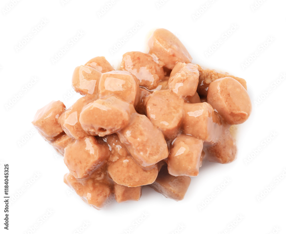 Pieces of wet pet food isolated on white, top view Pieces of wet pet food isolated on white, top view