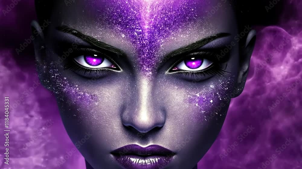 Mysterious woman with vibrant purple galaxy makeup and striking eyes in a cosmic-themed artistic expression