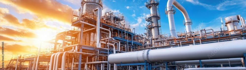 A large industrial plant with a large pipe and a sun in the background A large industrial plant with a large pipe and a sun in the background
