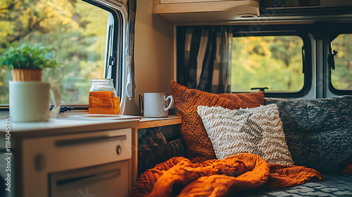 A close, up shot of a modern caravan interior, showcasing the well, appointed living space and functional amenities photo