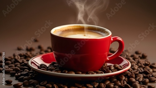 Artisan Coffee, Steaming Cup of Espresso with Rich Crema and Roasted Beans
