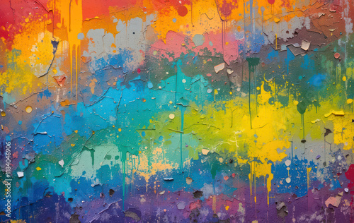 rainbow splash paint on the whole wall background, noisy wall texture, and old wall. The colors are specially for the LGBT concept