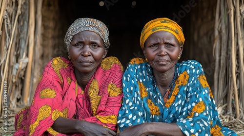 African women village hut portrait, rural background, community aid