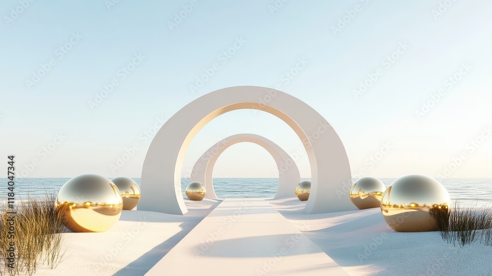 Fototapeta premium Abstract architectural structure with golden balls on a sandy beach under a clear sky. Minimalist 3D rendering for modern advertising design. 