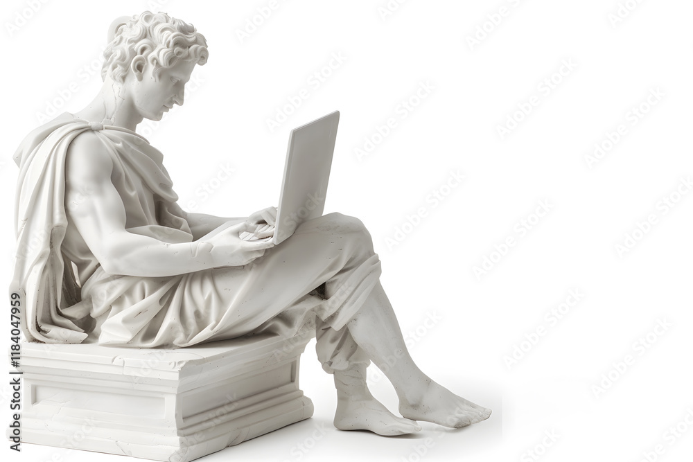 Naklejka premium Realistic classic gypsum statue of man using a laptop for IT isolated on white background