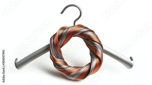 Stylish scarf in swirling colors on a hanger, white isolated background.