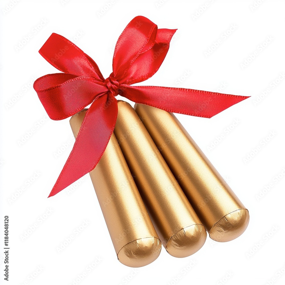 Elegant Gold Wrapped Gift Items with Red Satin Bow Decoration Elegant Gold Wrapped Gift Items with Red Satin Bow Decoration
