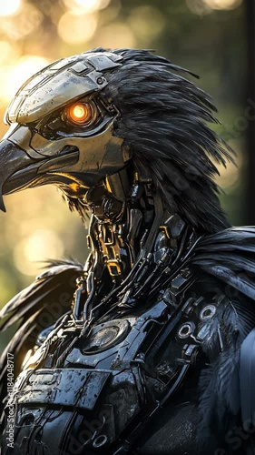 Robotic eagle with glowing eyes stands majestically in a sunlit forest setting during golden hour photo