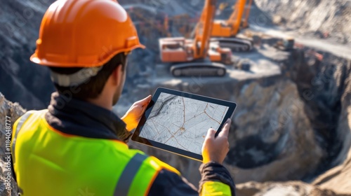 A man in a yellow vest is holding a tablet and looking at a map
