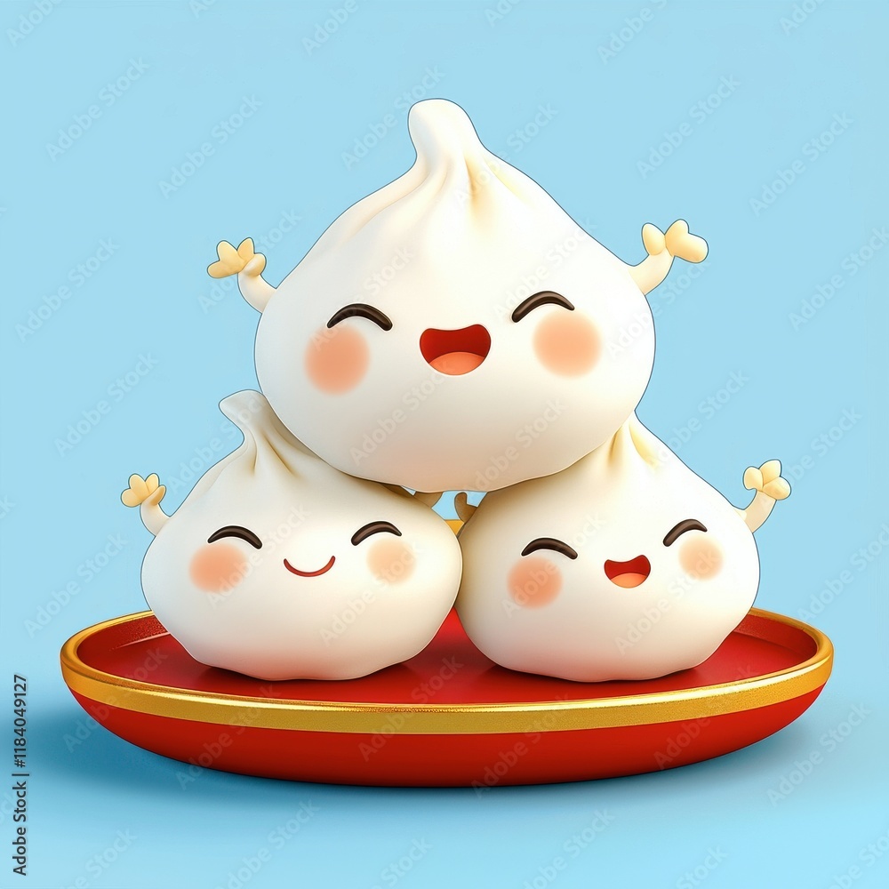 Cute Cartoon Dumplings Smiling on a Red Plate with Blue Background Cute Cartoon Dumplings Smiling on a Red Plate with Blue Background