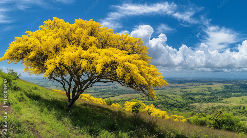 Fototapeta premium 春風に揺れる丘の上のミモザの木と広がる青空