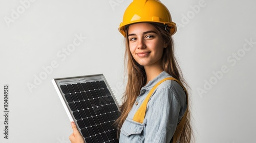 Woman in hard hat holds solar panel against white background photo