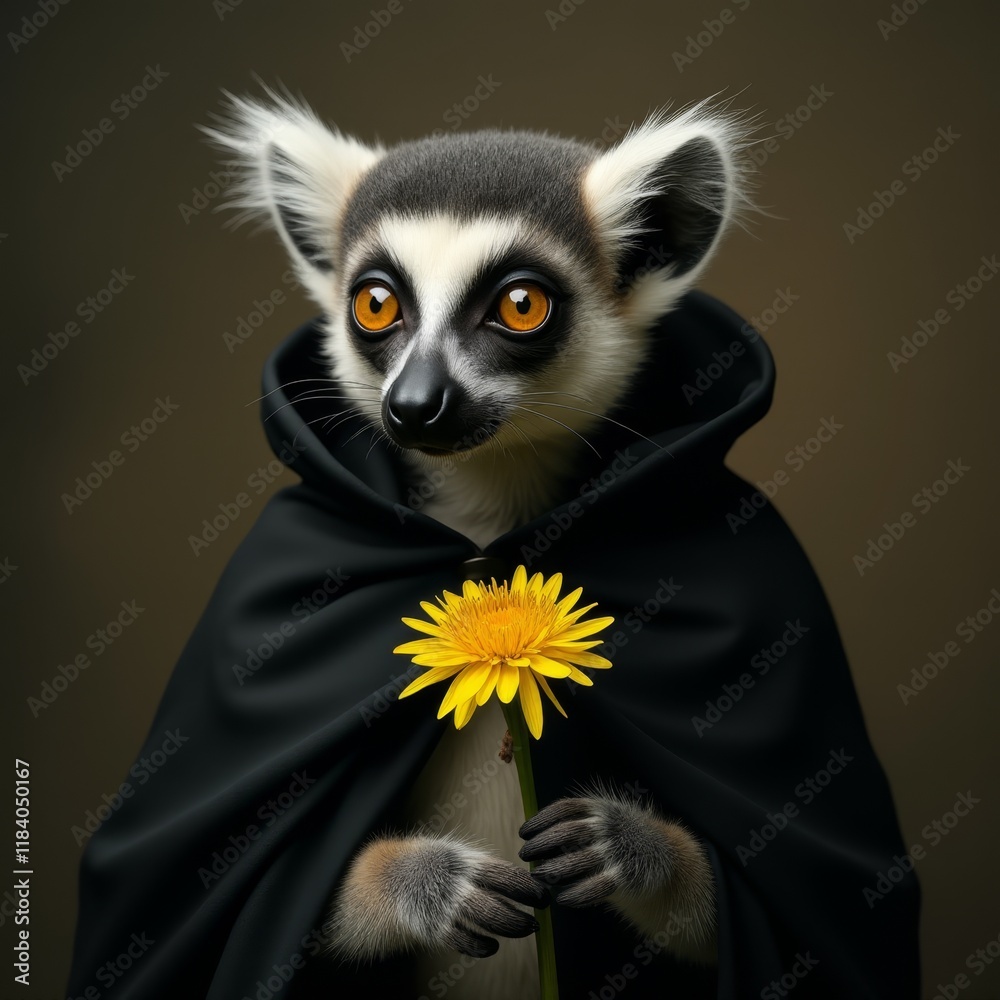 Obraz premium Anthropomorphic lemur dressed in a black cloak, holds a dandelion flower, head and torso portrait.