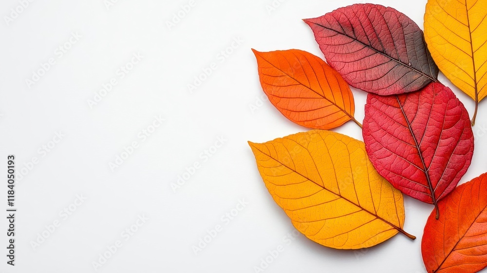 A photostock of bright autumn leaves in shades of orange, red, and yellow, scattered naturally on a clean white surface, symbolizing seasonal transition. High Quality A photostock of bright autumn leaves in shades of orange, red, and yellow, scattered naturally on a clean white surface, symbolizing seasonal transition. High Quality