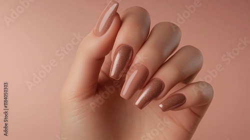 Elegant nude nail design with shimmer in a beauty studio setting during daylight hours, Mocha Mousse trend color