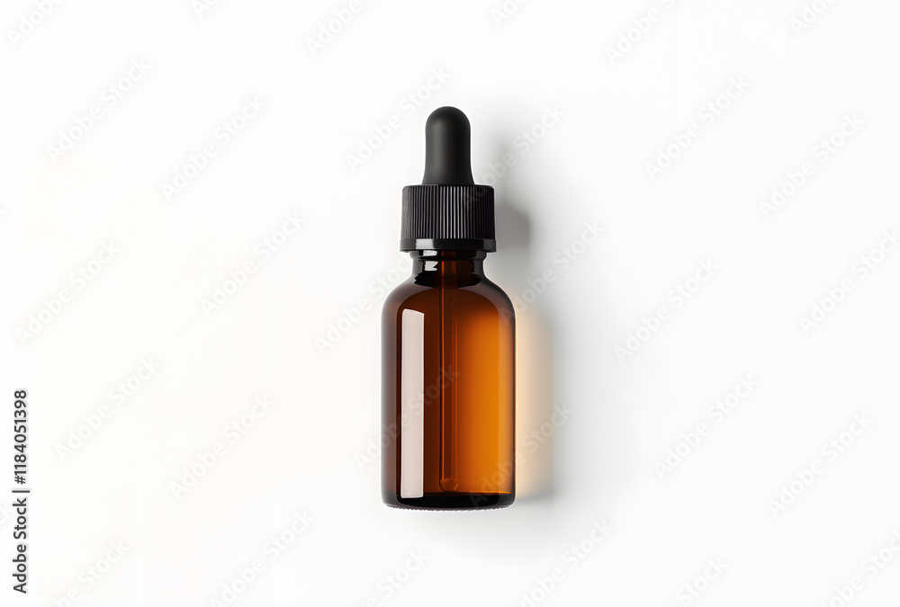 Amber glass dropper bottle with black cap mock up isolated on white background Amber glass dropper bottle with black cap mock up isolated on white background