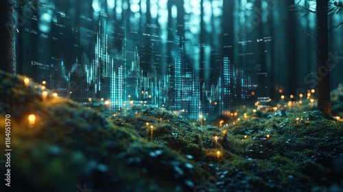 Forest data visualization, glowing moss, night scene, digital overlay, tech concept