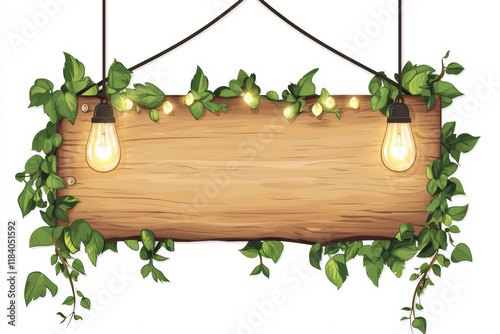 wooden signboard with hanging lights and greenery