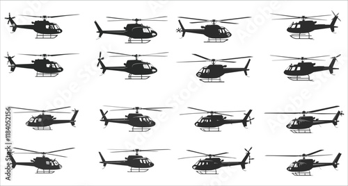 Helicopter flying silhouettes, Flying helicopter icon silhouettes, Cargo and passenger helicopter silhouettes, Silhouette of helicopter in the sky at sunset, Military helicopter silhouettes vector