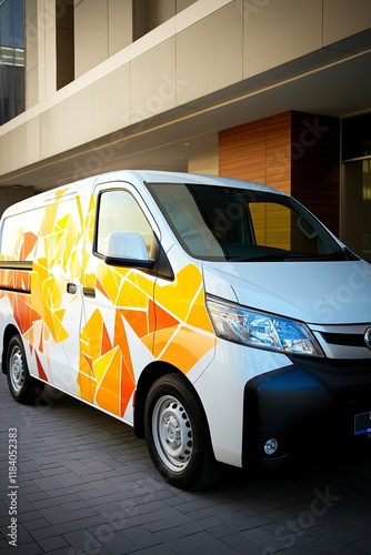 Urban Delivery Van Modern White Van With Vibrant, Dynamic Decals Commercial Transport Concept. photo