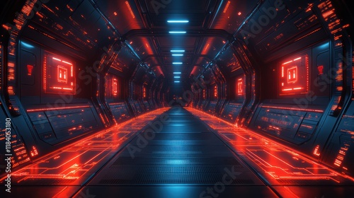 Futuristic spaceship corridor glows red, blue; screens display data; background dark