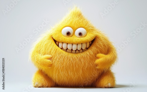 A chubby yellow monster with a toothy grin and soft fur, sitting happily on a white background photo