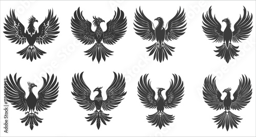 Flying phoenix fire bird silhouettes vector, Flaming phoenix icon silhouettes, Set of fire phoenix flying silhouettes, Abstract phoenix fire bird icons, Phoenix bird vector silhouettes symbol