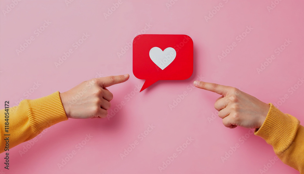 Two hands pointing towards a red speech bubble with a white heart Two hands pointing towards a red speech bubble with a white heart