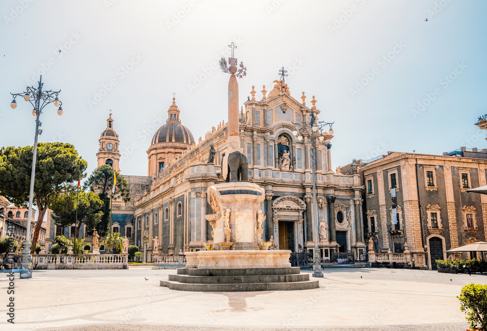 Fototapeta premium View of Cathedral Sant Agata on Piazza del Duomo with Elephant Fountain. in Catania, Sicily, Italy.
