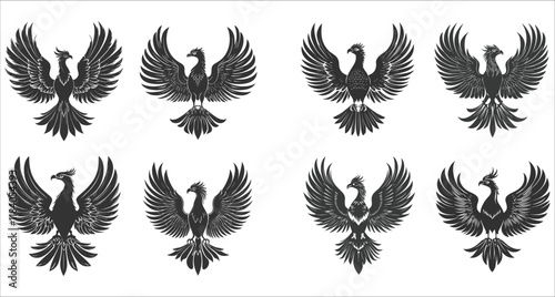 Flying phoenix fire bird silhouettes vector, Flaming phoenix icon silhouettes, Set of fire phoenix flying silhouettes, Abstract phoenix fire bird icons, Phoenix bird vector silhouettes symbol